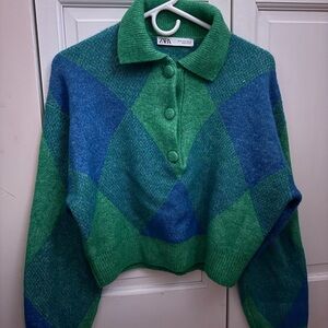 Zara Green and Blue Cropped Sweater